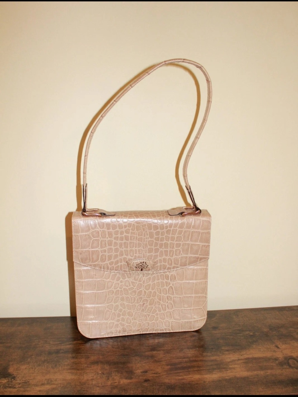 Mulberry Beige Croc-Embossed Shoulder Bag